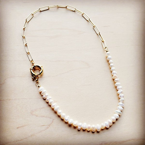 Genuine Pearl Necklace w/ Gold Chain Accent