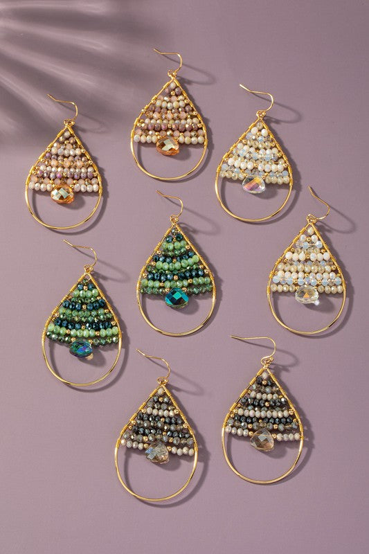 Faceted glass beaded teardrop hoop earrings