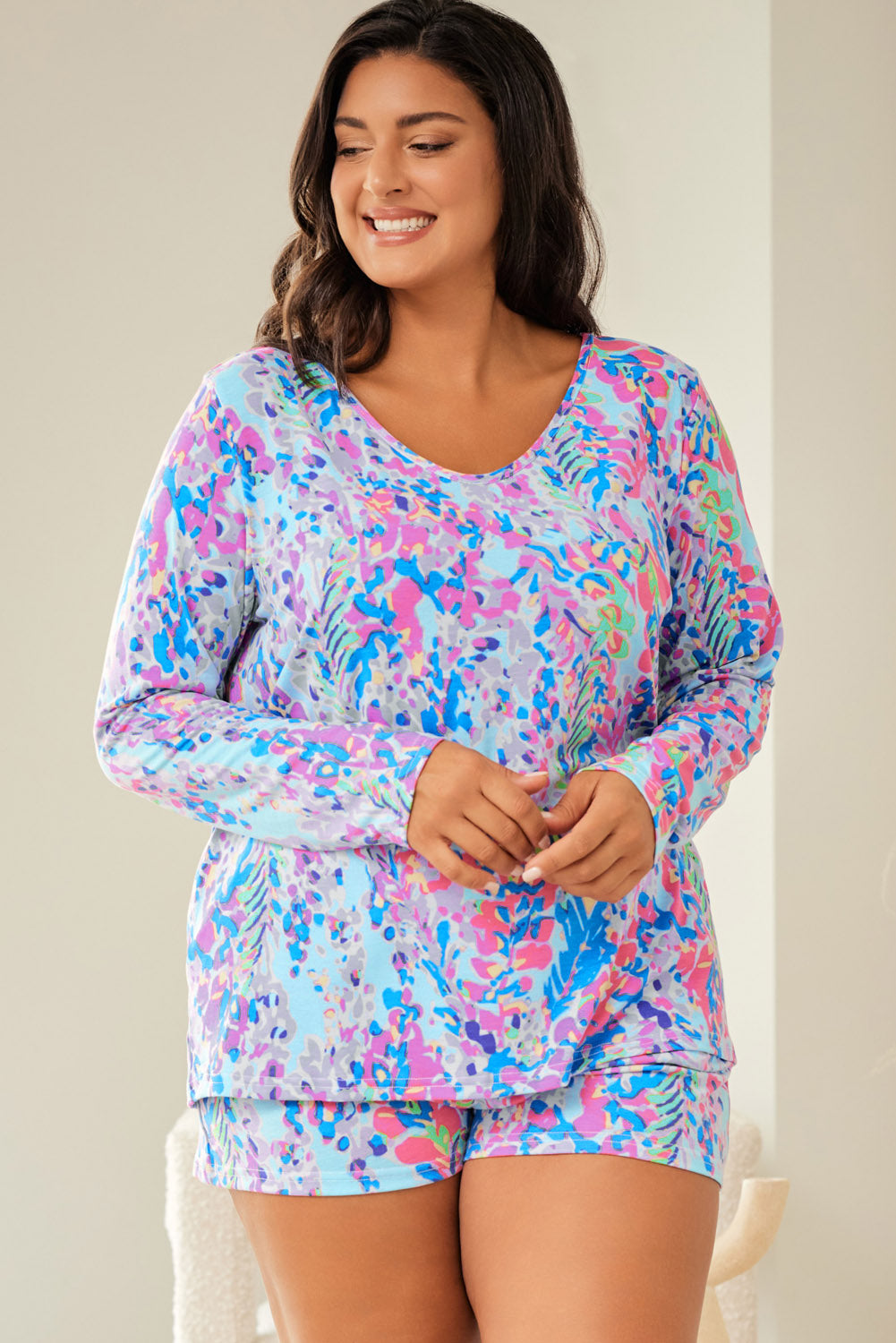 Sky Blue Plus Size Floral Print Long Sleeve and Shorts Lounge Outfit