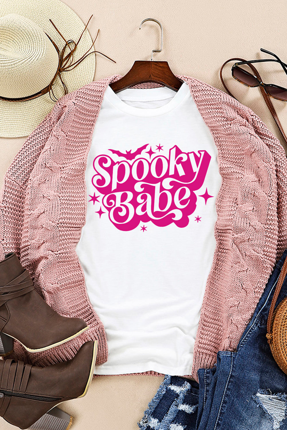 White Spooky Babe Bat Print Halloween Crewneck T Shirt