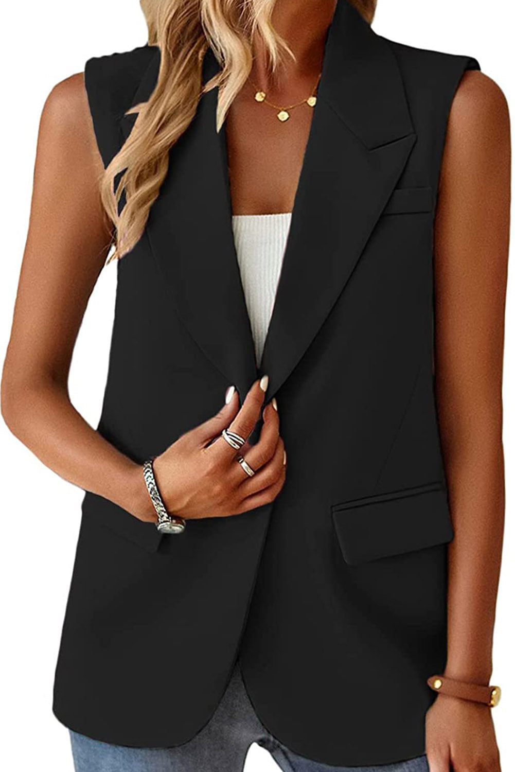 Black Single Button Pocketed Lapel Vest Blazer