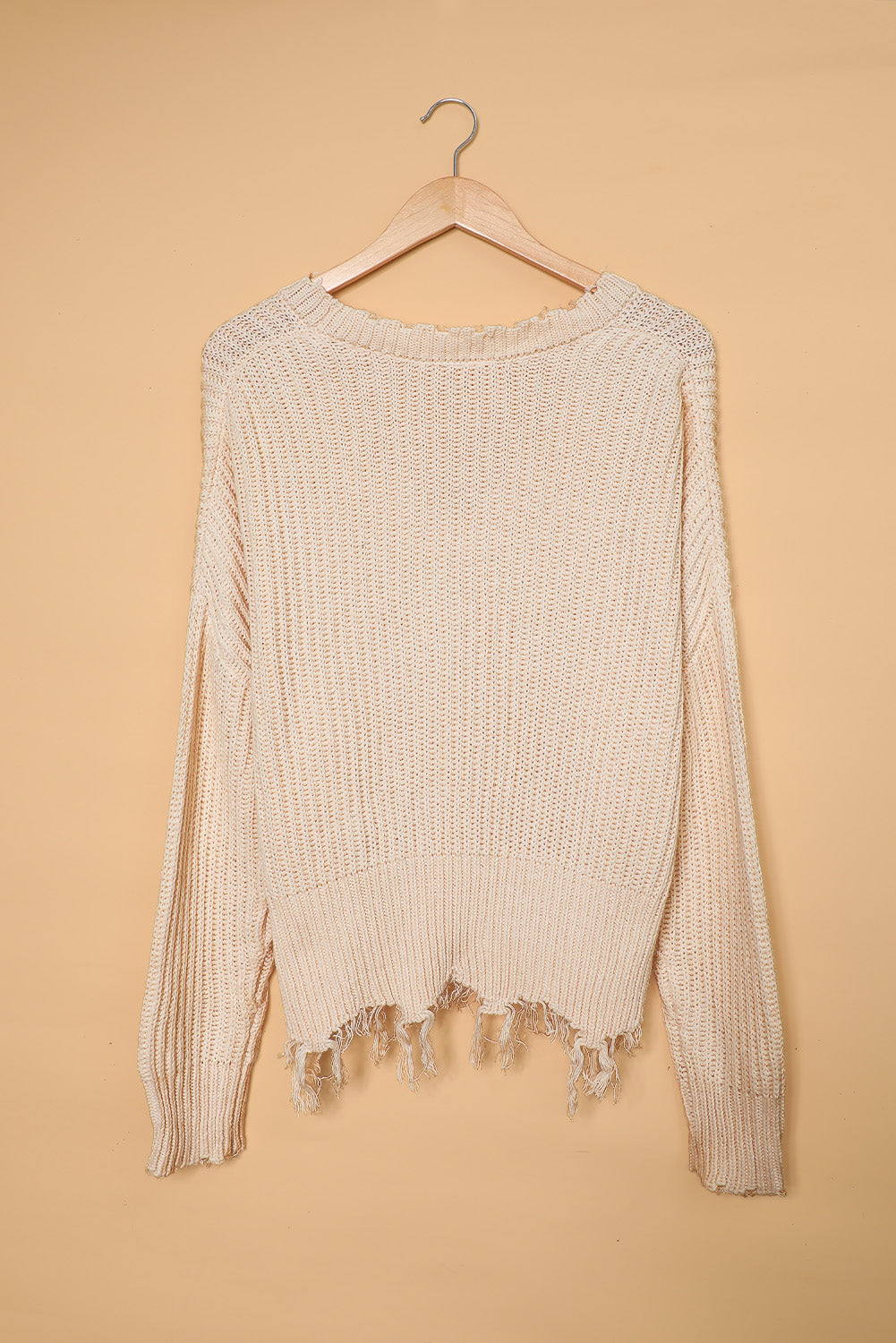 Gray Hollow-out Distressed Tassels Sweater