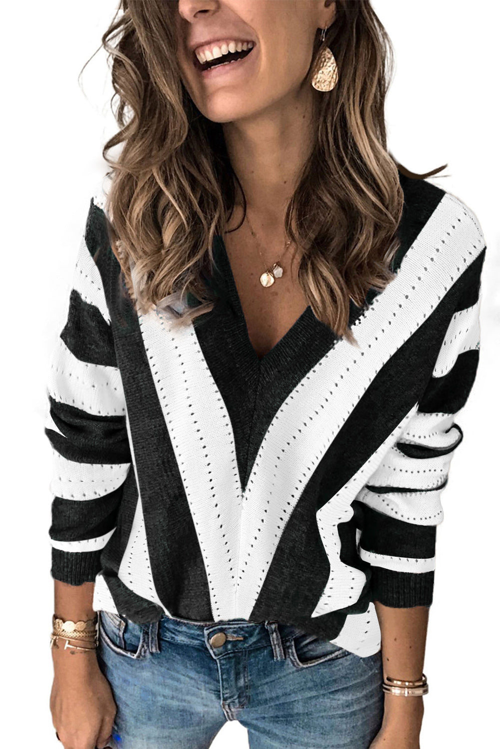 Green Striped Colorblock V Neck Knitted Sweater
