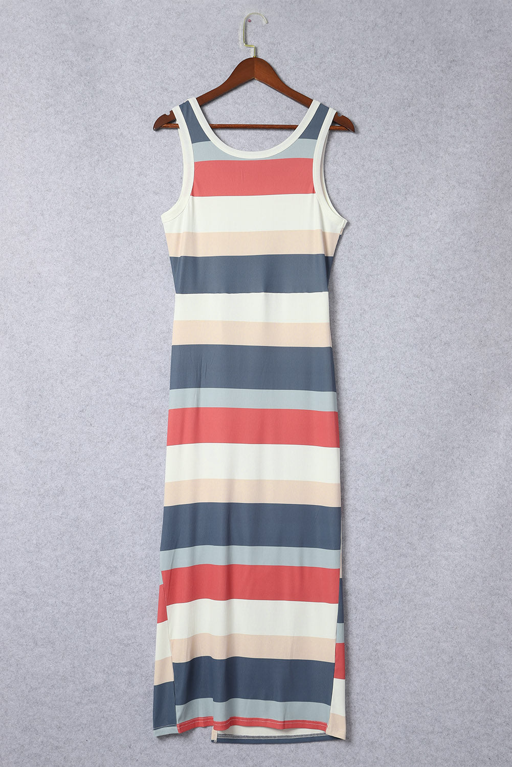 Multicolor Striped Color Block Ribbed Knit Lace-up Slit Tank Dress