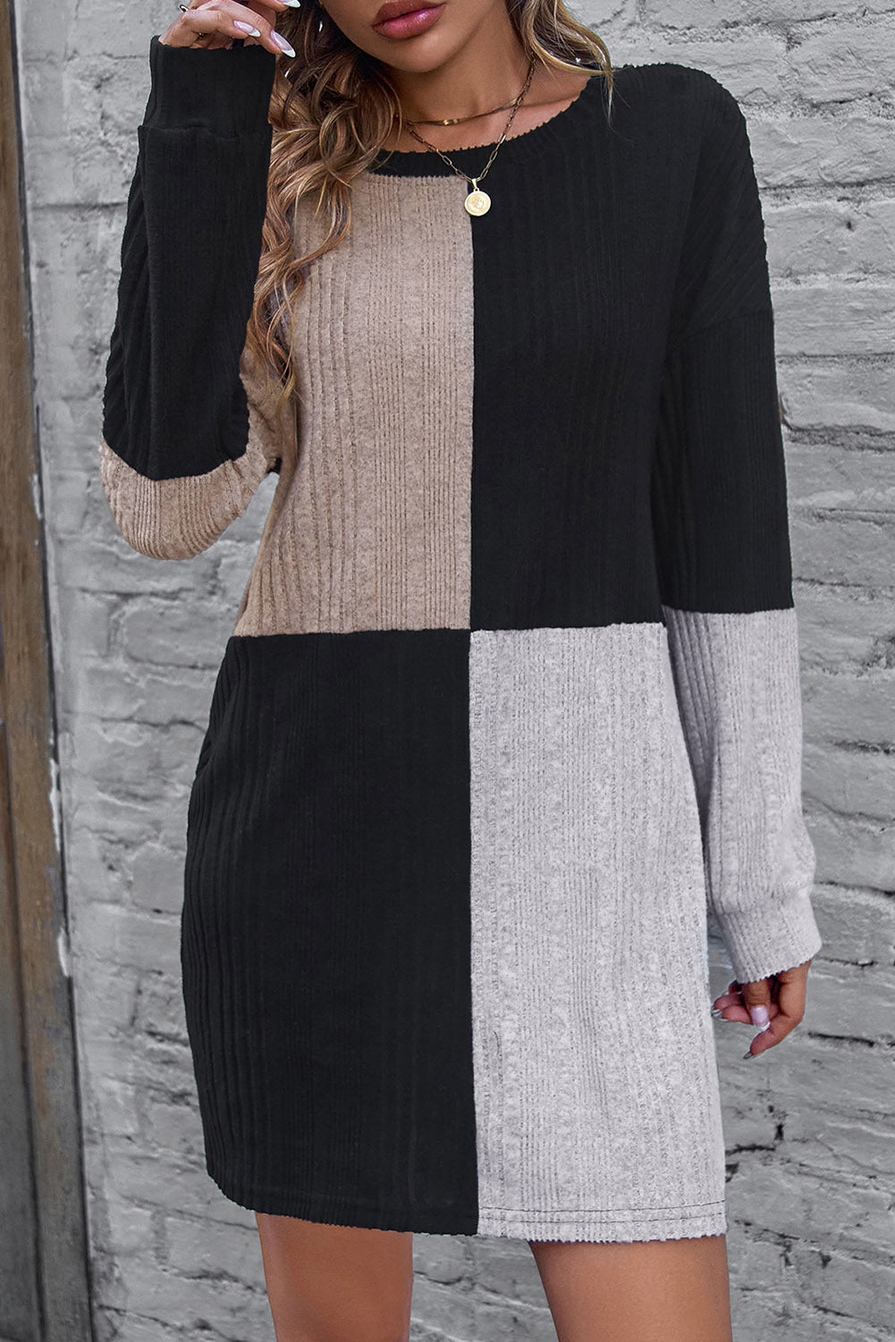 Black Ribbed Color Block Drop Shoulder Long Sleeve Mini Dress