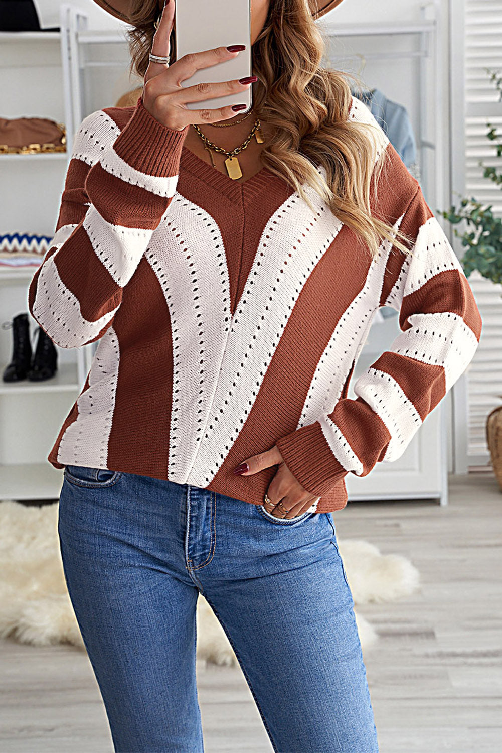 Green Striped Colorblock V Neck Knitted Sweater