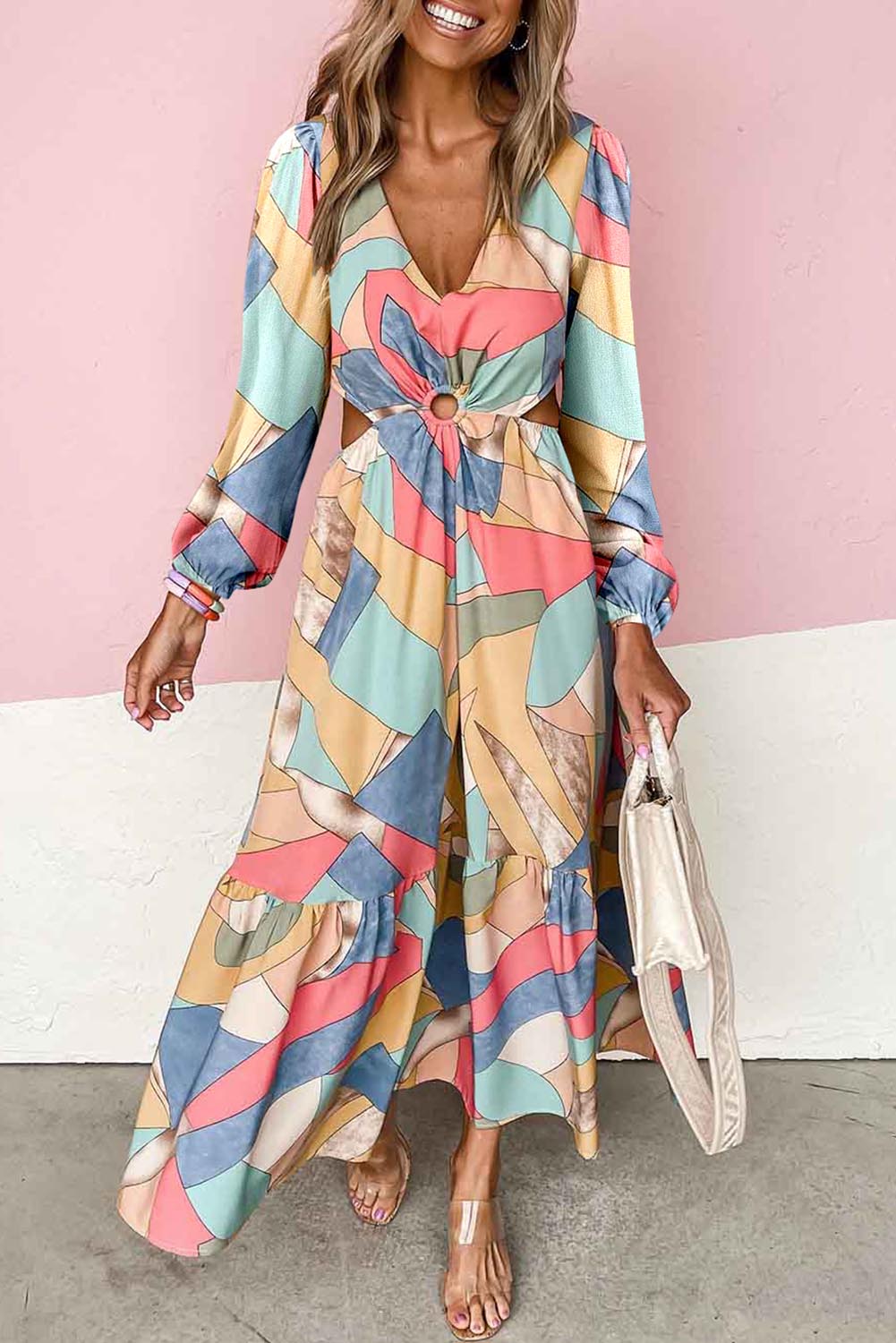 Multicolor Abstract Print O-ring Cut out Long Sleeve Maxi Dress