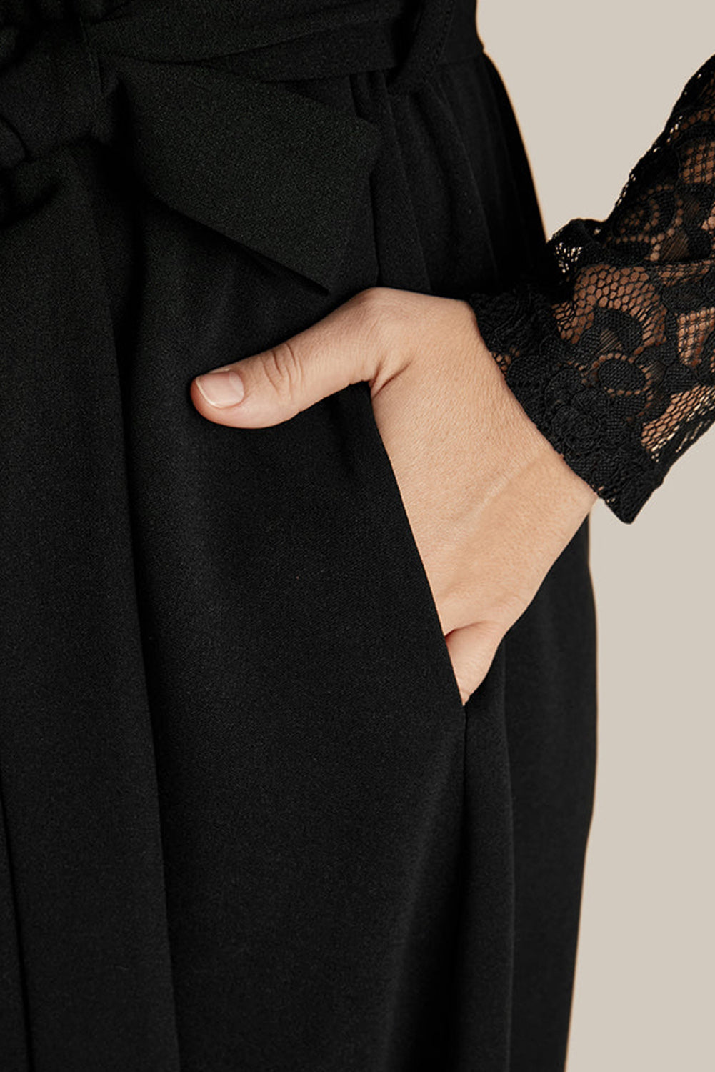 Black Plus Size Sheer Lace Sleeve Belted Ruffle Midi Dress