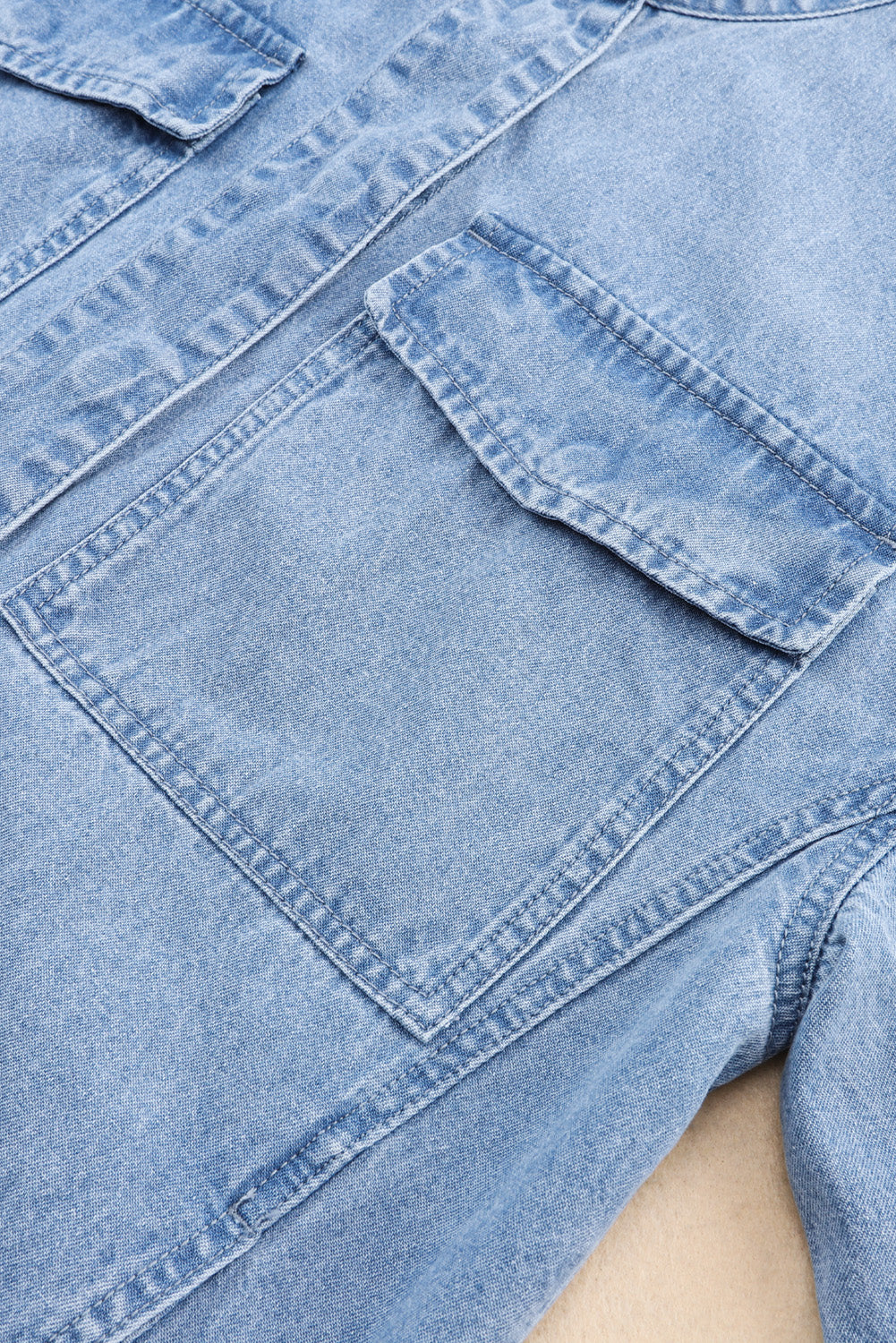 Sky Blue Roll-Up Tab Sleeve Button Down Pocket Denim Jacket