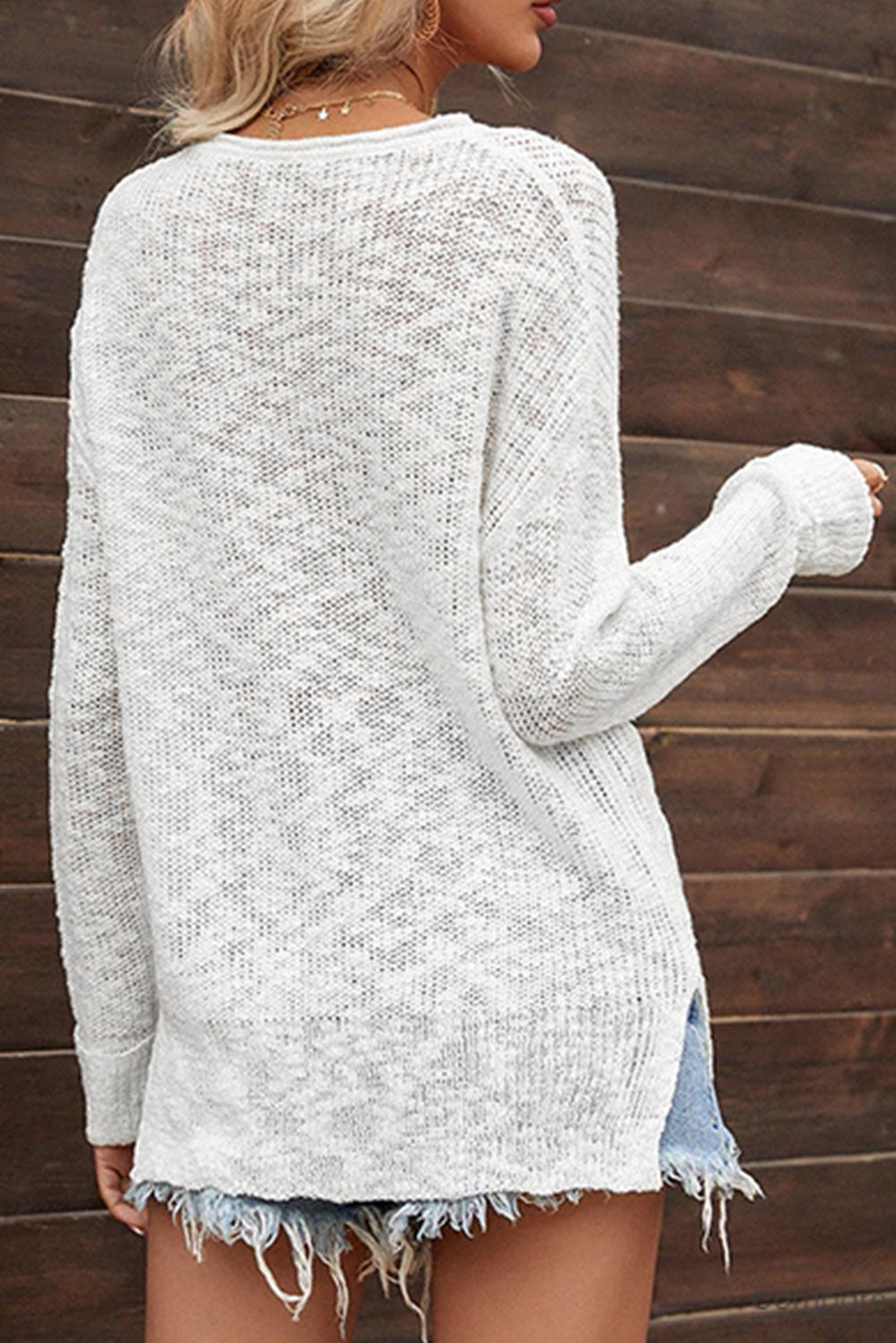 White Solid Color V Neck Side Split Sweater