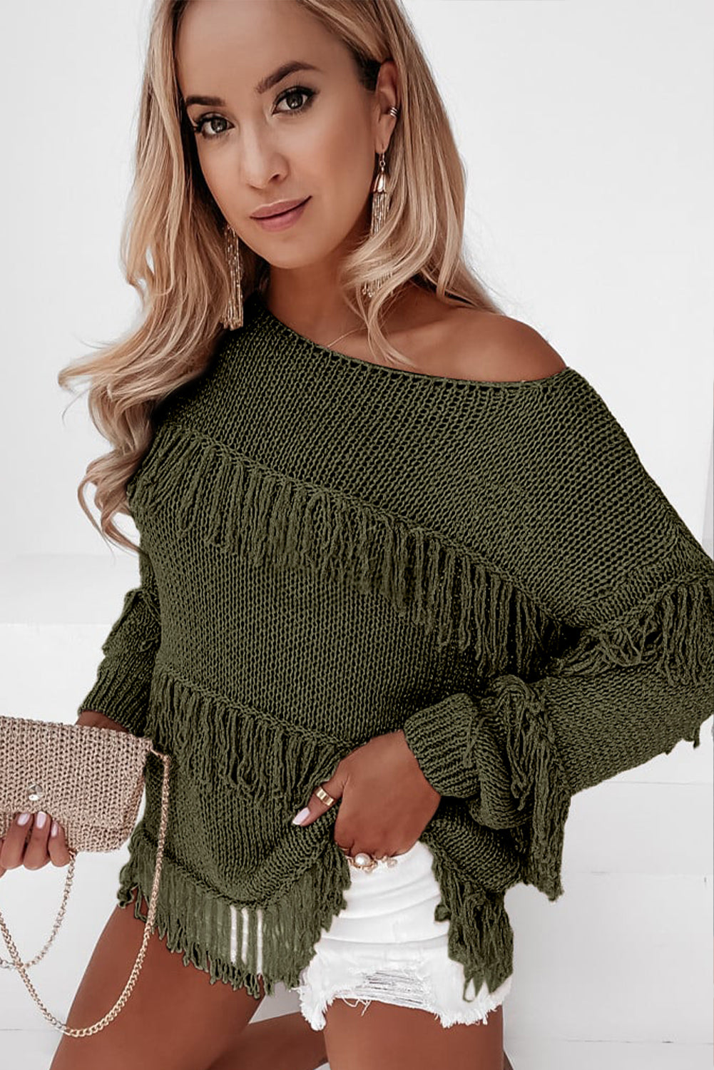 Green Boho Tasseled Knitted Sweater