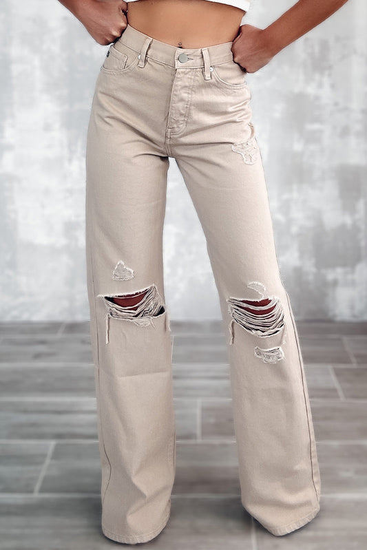 Khaki High Waist Ripped Wide-Leg Jeans