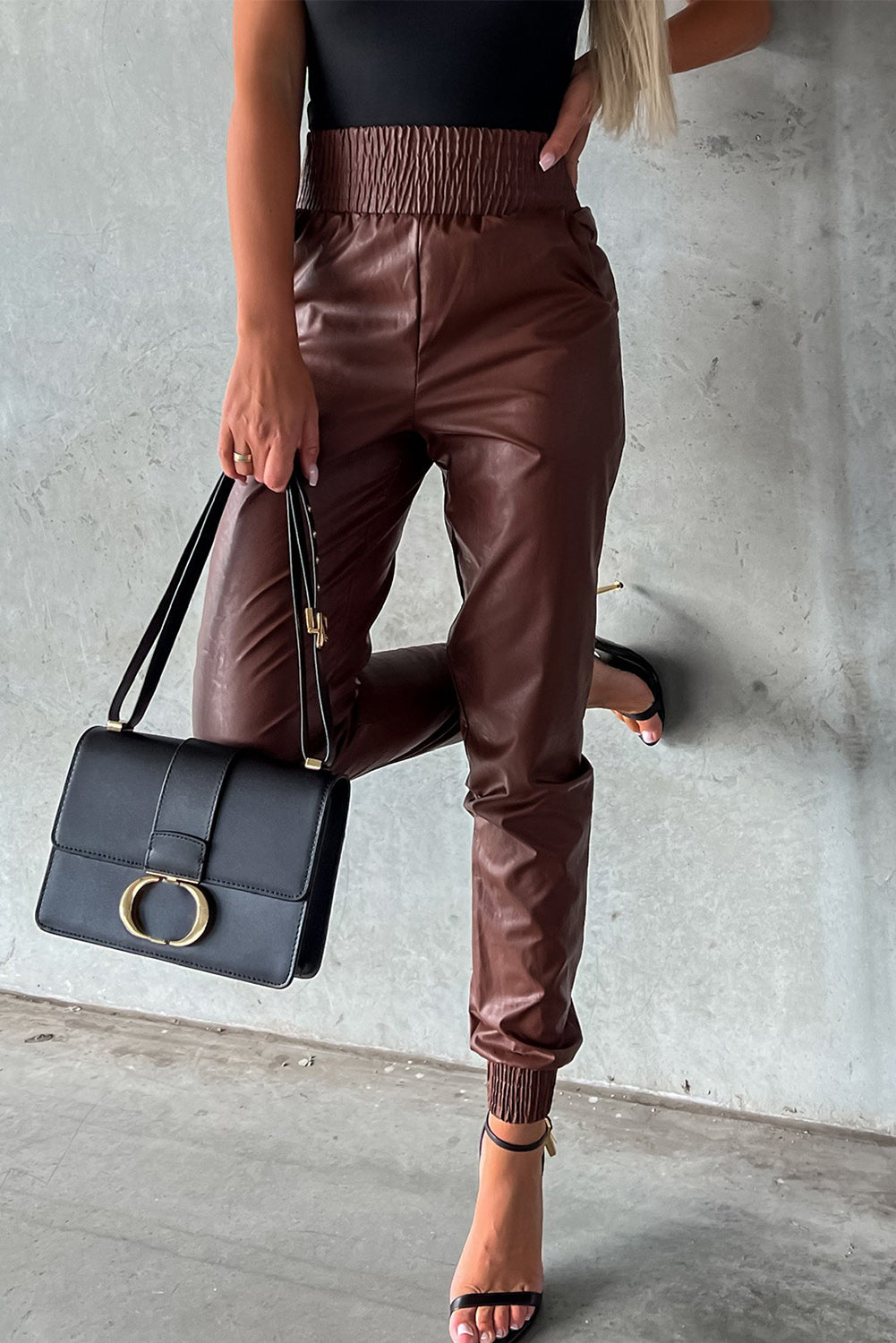 Brown Smocked High-Waist Leather Skinny Pants