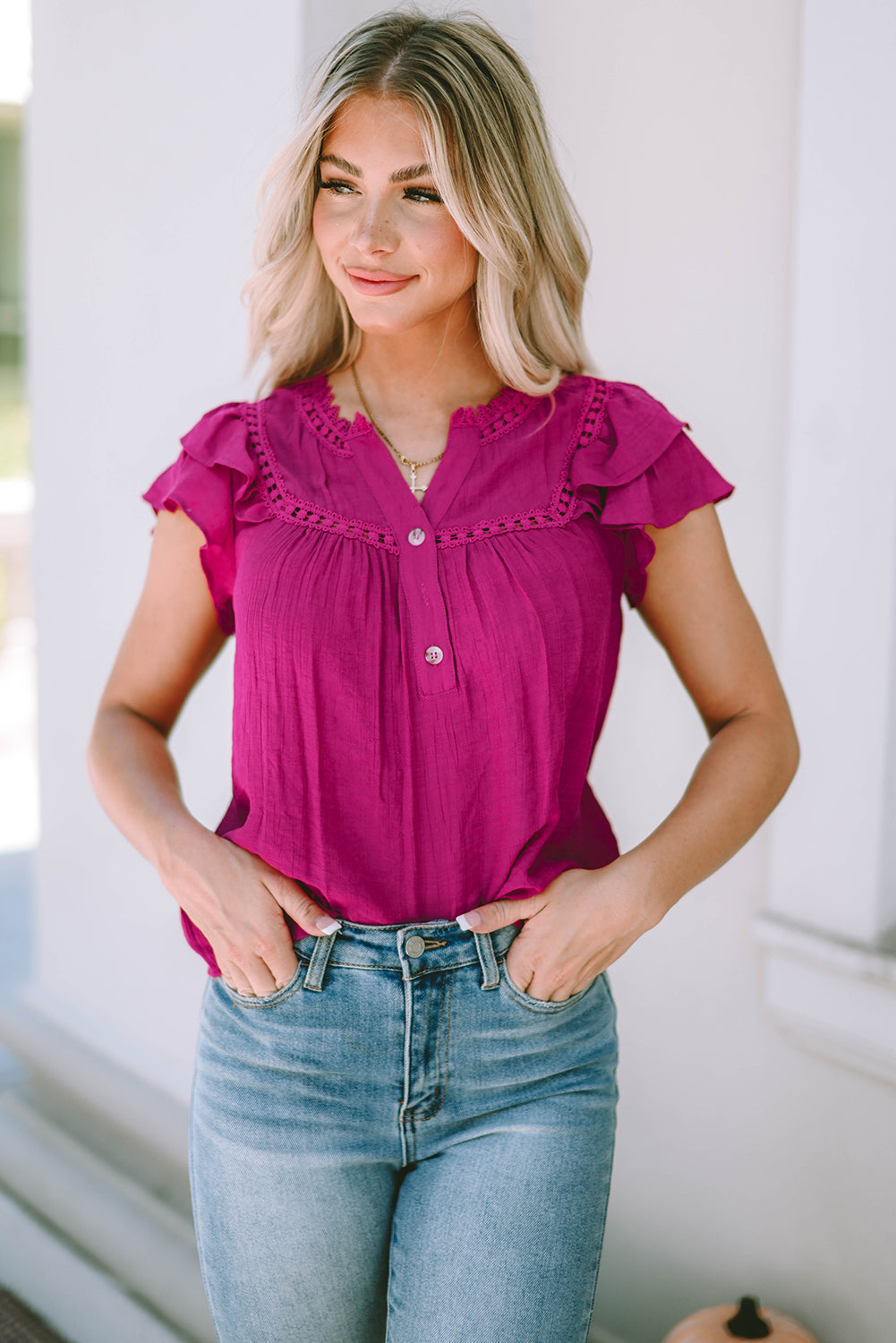 Rose Lace Patchwork Buttoned Ruffled Sleeve Tank Top