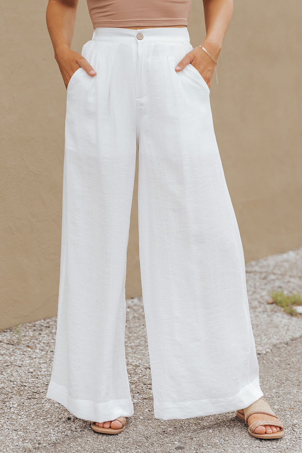 White Solid Color Elastic Waist Pleated Wide Leg Pants